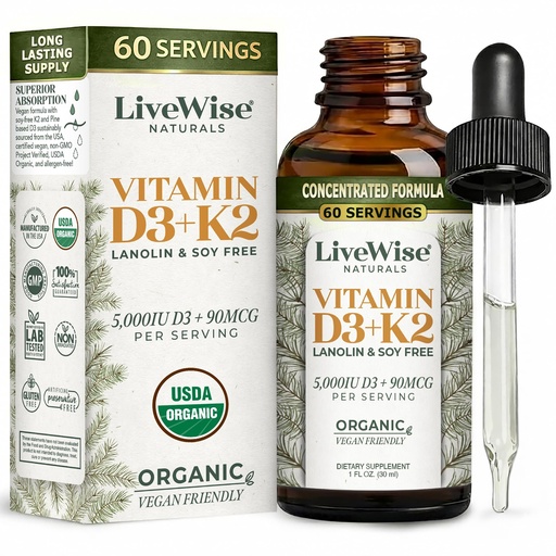 [BRSREEA2CQFQ2CI4] Live Wise Naturals Vegan D3 K2 Vitamin 5000 IU, 90 MCG (MK-7) Drops - 60 Servings, Ultra Concentrated Formulation, and Fast Absorption - Precision Micro-Dosing Dropper for Cognitive & Immune Support
