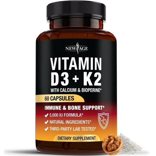 [BRSREHYTBYHG2YLU] NEW AGE Vitamin D3 5,000 IU + K2 MK-7 100 mcg - 2-in-1 Bone, Immune & Heart Support, Easy to Swallow, Non-GMO - 60 Capsules