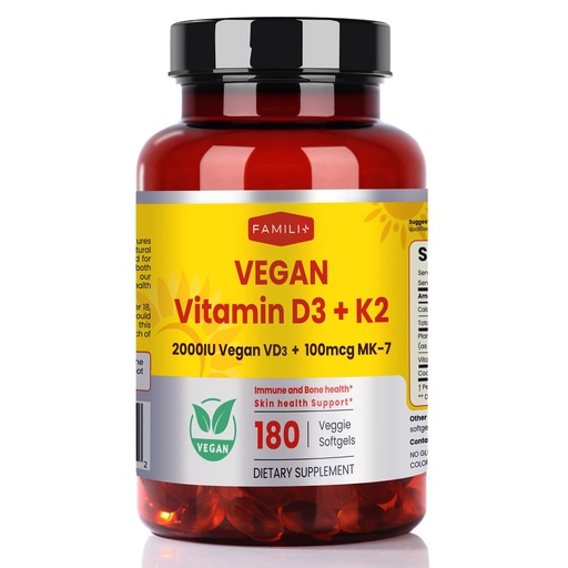 [BRSRABL7OEIWKFAV] FAMILI+ 180 Days Vegan Vitamin D3+K2 Softgel with Coconut MCT Oil | 2000IU Plant Source Vitamin D3 + 100 mcg Vitamin K2 MK-7 | for Bone, Muscel, Immune, Teeth & Heart Health | 100% Vegan no-Gelatin