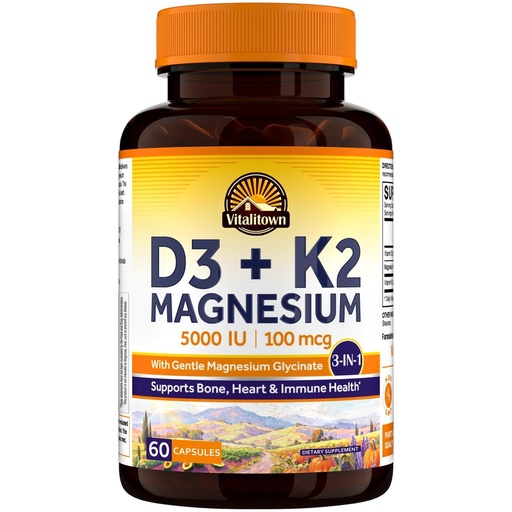 [BRSREGIBOEMBY2DP] Vitalitown Vitamin D3 K2 with Magnesium, 5000 IU D3, 100 mcg K2 as MK-7, Magnesium Glycinate, Non-GMO, No Gluten, 3-in-1 Formula for Bone, Heart & Immune Health, 60 Capsules
