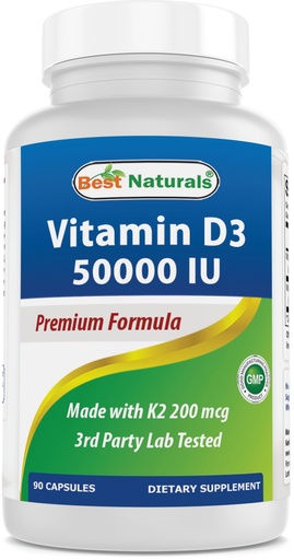[BRSREBT4BYHGMCT3] Best Naturals Vitamin D3 50,000 IU with MK-7 K2 200 mcg – 90 Veg Capsules – High Potency – Non-GMO, Gluten Free