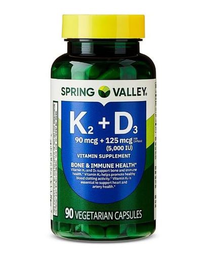 [BRSREAYECRYBMALU] Vitamin K2 + D3 • 5000 IU D3 + Vitamin K2 • Bone, Heart & Immune Support • 90 Vegetarian Capsules • Non-GMO by Spring Valley + Daily Supplement Tracker Sticker
