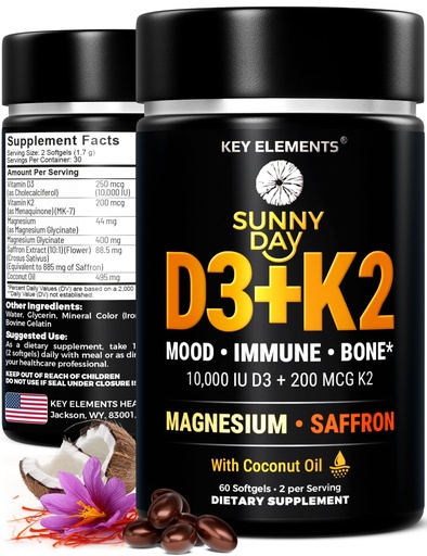 [BRSRGEIPDMPB63LV] KEY ELEMENTS Vitamin D3 K2 10,000 IU with Magnesium Glycinate 400mg & Saffron 88.5mg - Mood, Immune, Bone Health - Vitamin D and K (MK-7) 200mcg - Non-GMO, Gluten-Free Softgels for Women & Men