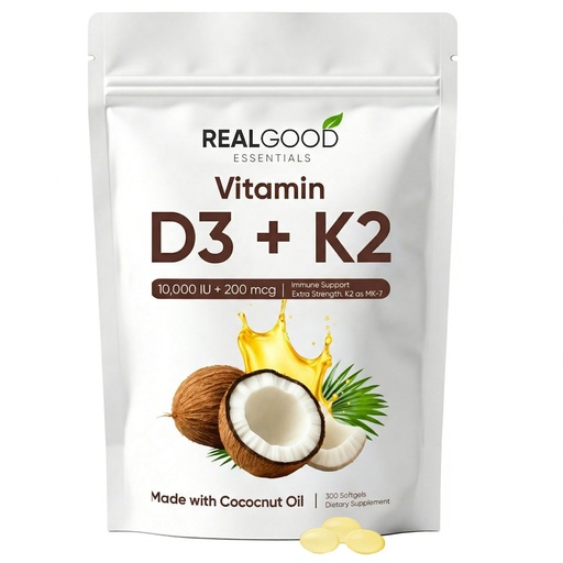[BRSRGYL5PN7QK2TD] Real Good Essentials Vitamin D3K2 – 300 Softgels, High Absorption Softgels for Bone, Heart & Immune Support – Virgin Coconut Oil, Easy to Swallow
