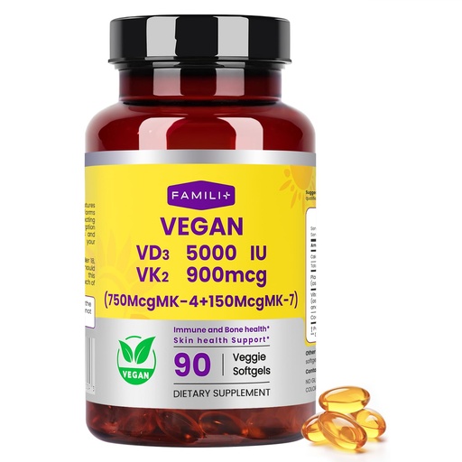 [BRSRGZAEBYDRG3DZ] FAMILI+ 90 Days Vegan Vitamin D3 5000IU +K2 900Mcg Softgel with Coconut MCT Oil | 5000IU Plant Source Vitamin D3+750Mcg MK4+150Mcg MK7 | Broad Spectrum K2| Bone Muscel Teeth Overall Health|100% Vegan