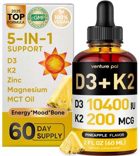 [BRSRAGA3AUBQ4YDK] Venture Pal 5-in-1 Vitamin D3 10000 IU & K2 as MK-7 200mcg with Magnesium, MCT Oil, Zinc, Sugar-Free Vitamin D Liquid |Maximum Absorption for Bone, Mood & Immune Health - 2 FL OZ, 66 Days