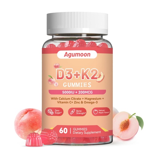[BRSREZAKPIBQE337] Vitamin D3 K2 Gummies for Adults - Vitamin D3 5000IU + K2 (MK-7) 200mcg, with Calcium Citrate, Magnesium Citrate, Omega-3 for Bone, Muscle, Teeth Immune - 60 Gummies