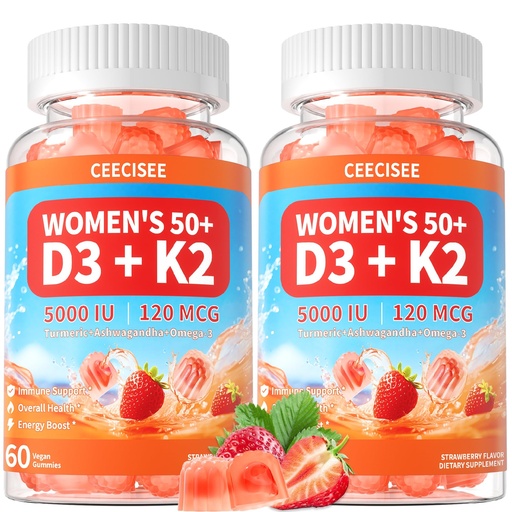 [BRSREHY3CMIGOHLK] Vitamin D3 K2 Gummies Supplement for Women 50+: Organic Vitamin D3 5000 IU + K2 (MK-7) 120 mcg with 500mg Omega-3, 400mg Calcium, CoQ10 for Immune Health - Extra Strength for Adults(120Count)