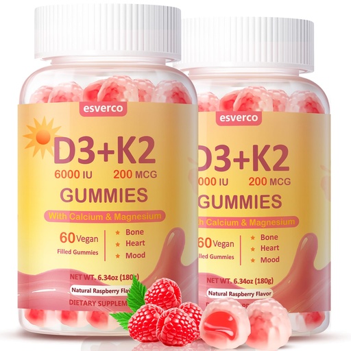 [BRSREGT5OYNQ4DL5] Vitamin D3 K2 Gummies, 6000 IU Vitamin D3 + 200 mcg K2 (MK-7) with Calcium, Magnesium Glycinate, Extra Strength, High Absorption for Bone, Muscle, Teeth, Vegan, Raspberry Flavor, 120 Count