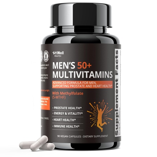[BRSRGGQ7CUCAAELF] Multivitamin for Men 50 Plus with Vitamins, Minerals, Methylfolate, Saw Palmetto & CoQ10 - Daily Vitamin Supports Energy, Heart Health, Prostate Health & Immune Function* - 90 Vegetarian Capsules