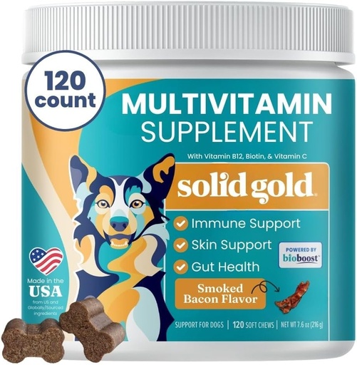 [BRSRMAQDBN6WEGTZ] Solid Gold Dog Multivitamin - Soft Dog Vitamins & Supplements Chews - All-in-One Heart, Immune, Brain, Skin, Coat & Gut Health Support w/Vitamin C, B12, Probiotics & Antioxidants - Bacon Flavor 120ct