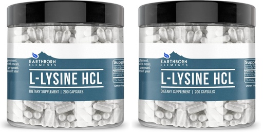 [BRSREAIOC4GQG2D2] Earthborn Elements L-Lysine HCL 200 Capsules, Pure & Undiluted, No Additives (Pack of 2)