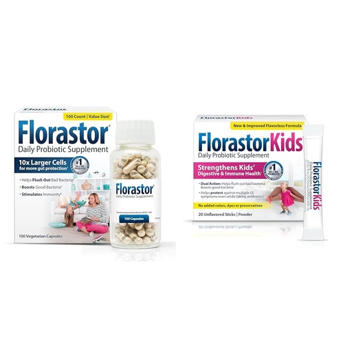 [BRSROGD6OACAYF3D] Florastor Family Probiotic Bundle - 100 ct. Probiotic for Digestive & Immune Health for Men & Women + 20 ct. Kids Daily Probiotic, Unflavored Powder Sticks - Boost Good Bacteria & Flush Out The Bad