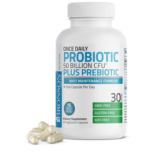 [BRSREAY7CF7RUADX] Bronson Once Daily Probiotic 50 Billion CFU Plus Prebiotic Daily Maintenance Formula One Capsule Per Day Non-GMO, 30 Vegetarian Capsules