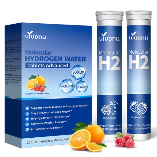 [BRSRG233PMHAA3TF] VivoNu Hydrogen Water Tablets with Electrolytes & Magnesium Complex, Vitamin C & D | 2 Flavors Pack (Orange & Raspberry) | Zero Sugar Electrolyte Powder Alternative for Rapid Hydration & Recovery
