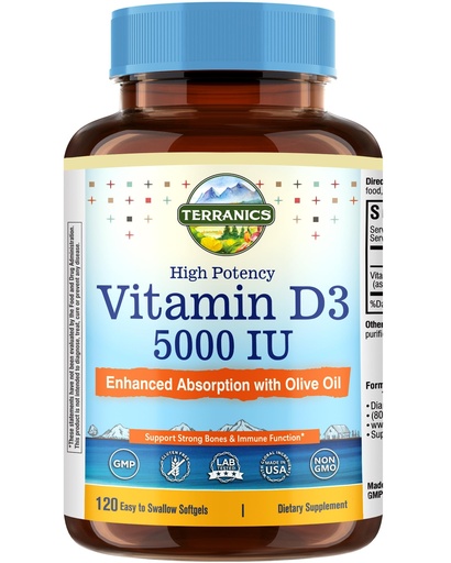 [BRSREHY3CQHWCCDA] Terranics Vitamin D3 5000IU (125mcg), with Olive Oil, Enhanced Absorption, Non-GMO, No Gluten or Soy, Bone Health, Immune Support, 120 Mini Softgels