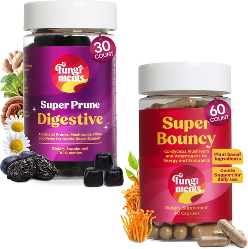 [BRSRGAI2PMDQ2HLG] Super Prune + Super Bouncy Mushroom Supplement Natural Constipation Relief + Green Tea Energy + Cordyceps Brain Boost