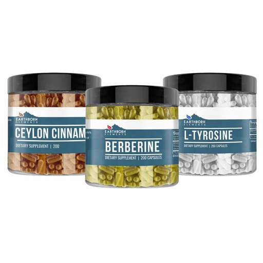 [BRSROFICBF5GCEL2] Earthborn Elements Berberine, Ceylon Cinnamon, & L-Tyrosine Capsule Bundle (200 Capsules Each), Pure & Undiluted, No Additives