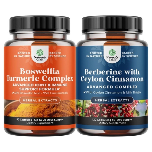 [BRSRGCD5OR5G233H] Bundle of Boswellia Extract Capsules with Turmeric - Advanced Immune Health Support Supplement and Balancing Berberine Plus 1200mg Per Serving - Antioxidant Berberine with Ceylon Cinnamon Capsules