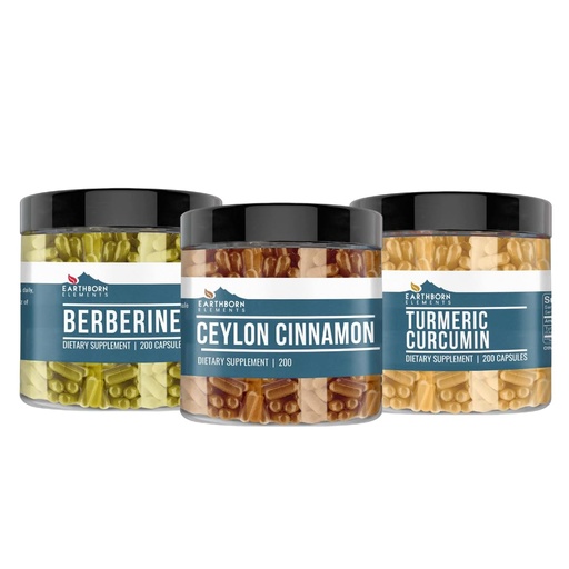 [BRSROZIDBUDRMCI2] Earthborn Elements Berberine, Ceylon Cinnamon, & Turmeric Curcumin Bundle (200 Capsules Each), Pure & Undiluted, No Additives