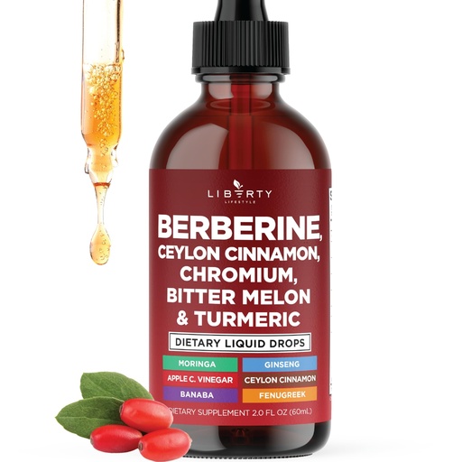 [BRSREZYFBN7RQHTZ] Berberine with Ceylon Cinnamon Supplement Liquid Drops + Bitter Melon Extract, Glucomannan, Gymnema, Chromium, Turmeric, Panax Ginseng, Moringa- 2 OZ