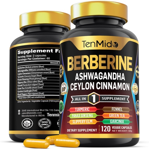 [BRSRAGL4AUPQKDQ3] Berberine Supplement - 10in1 Formula with Ashwagandha, Ceylon Cinnamon, Turmeric, Panax Ginseng, Slippery Elm, Fennel, Green Tea, & More - Immune, Digestive Support - 120 Caps