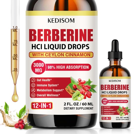 [BRSRAGIPCF7QK3DG] 12-in-1 Berberine Supplement Liquid Drops 2 Fl Oz, 3000mg Liposomal Berberine HCL Complex with Ceylon Cinnamon Plus Turmeric, High Absorption Berberine Drops