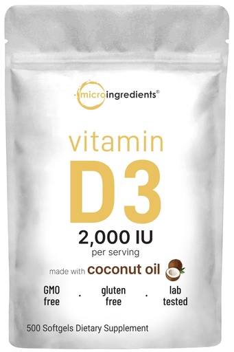 [BRSRAAL7B55RSH32] Micro Ingredients Vitamin D3 2,000 IU, 500 Softgels | Virgin Coconut Oil | Cholecalciferol Form | Bone, Immune & Heart Support | Easy to Swallow, Non-GMO