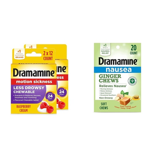 [BRSRAYYYBV6RY3IV] Dramamine Motion Sickness Less Drowsy Raspberry Cream Chewable Tablets 12 Count 2 Pack and Nausea Relief Ginger Chews Lemon-Honey-Ginger 20 Count
