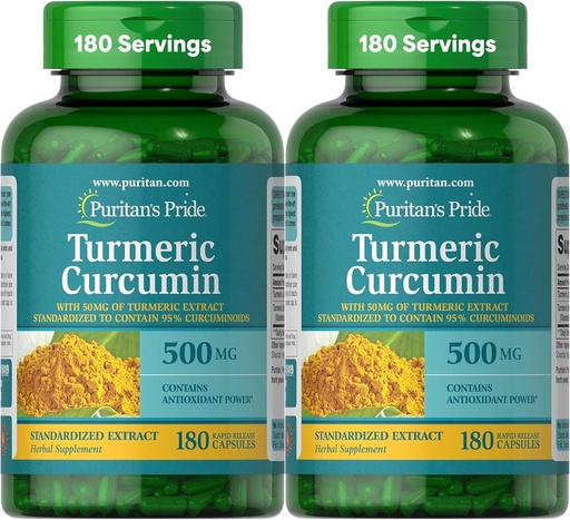 [BRSWYGARCJ5RG2Q2] Puritan's Pride Turmeric Curcumin 500mg, Standarized to 95% Cucuminoids, Herbal Dietary Supplement for Antioxidants Health, 180 Radpid Release kapselit, pakkaus 2