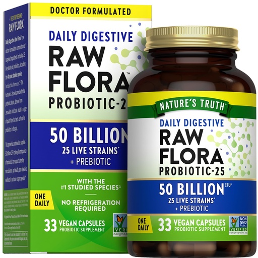 [BRSREGIKO4FWYDTP] Raw Flora Probiotics with Prebiotics | 50 Billion CFU | 33 Daily Digestive Capsules | Vegan, Non-GMO & Gluten Free Supplement for Women and Men