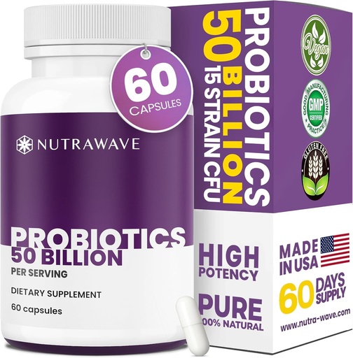[BRSROCD3BVYWE2D5] Nutra Wave 50 Billion Probiotics & Prebiotics for Women & Men– 15 Strains Active Culture – Supports Bloating, Constipation, Digestive & Gut Health – Non-GMO, Shelf-Stable 60 Vegan Capsules