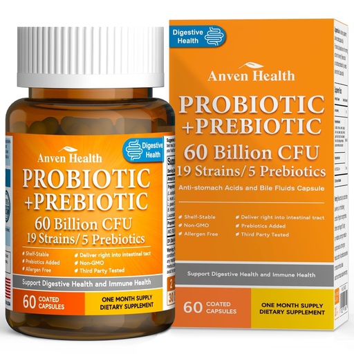 [BRSWGCYTCIHR6F3X] 60 Billion Probiotic and Prebiotic for Women and Men - 19 Strains 5 Organic Prebiotics for Gut Digestive & Immune Health, Supports Diarrhea Gas Bloating, Non-GMO – Made in USA丨60 Caps