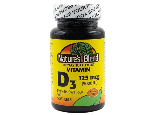 [BRSRAYDRBN4G2H3O] Nature's Blend Vitamin D3 125 MCG (5000 IU) Easy-to-Swallow, 100 SOFTGELS