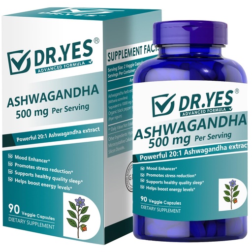 [BRSRE2QZCR7GK2YZ] DR.YES Ashwagandha Capsules 500mg with Organic Black Pepper for Maximum Absorption, Stress Relief, Memory, Focus, Mood & Sleep, Non-GMO, Vegan, 90 Capsules