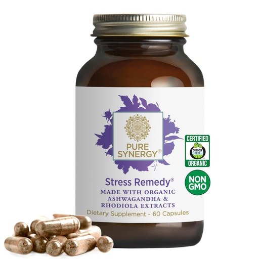 [BRSWGGQHCUBR4337] PURE SYNERGY Stress Remedy | Soothing Supplement with Ashwagandha | Organic Adaptogen Support from Rhodiola, Lemon Balm, and Holy Basil | for Stress Relief, Adrenal Health, and Mood (60 Capsules)