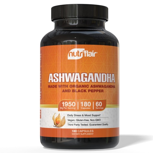 [BRSWGZIYBAHA4A3H] NutriFlair Organic Ashwagandha Root Extract - with Organic Black Pepper - Stress and Mood Support - Powerful Adaptogenic Benefits and Overall Health - Made in USA
