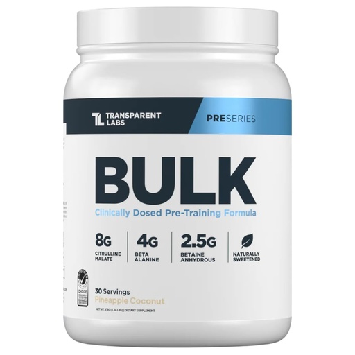 [BRSREELRCIBRE3DV] Transparent Labs Bulk Pre Workout Powder - Naturally Sweetened Preworkout for Men & Women, Pre Work Out for Muscle Building & Strength w/Beta Alanine & BetaPure - 30 Servings, Pineapple Coconut