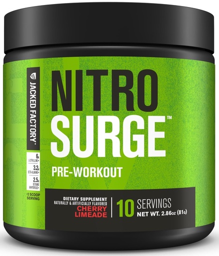 [BRSRG2YLPIMBUCQ6] Jacked Factory NITROSURGE Pre Workout Supplement - Endless Energy, Instant Strength Gains, Clear Focus, Intense Pumps - NO Booster & Preworkout Powder with Beta Alanine - 10 Servings, Cherry Limeade