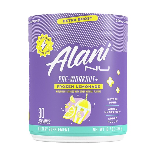 [BRSROAIZCICR423H] Alani Nu Pre Workout+ Powder Frozen Lemonade, Extra Boost, Sugar Free, 300mg Caffeine, L-Theanine, Beta-Alanine, Citrulline, 30 Servings