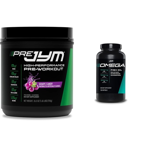 [BRSRAYYYB4FBQA3X] Pre JYM Grape Candy Pre Workout Powder and Omega JYM Fish Oil 2800mg Soft Gels - 120 Count