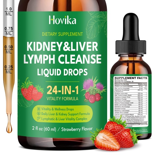 [BRSRG2YLCIHBA2Q7] 24-in-1 Kidney & Liver, Lymph Cleanse Detox & Repair Drops, Three Immune Formula with Cranberry, Milk Thistle, Vegan Urinary Tract & Lymphatic Drainage & Liver Repair | Strawberry Flavor, 2 FL Oz