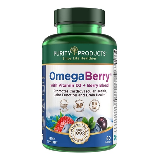 [BRSWIYQGCV6AK3TO] Purity Products OmegaBerry Fish Oil with Vitamin D3 and Organic Acai - 1250mg Concentrated Molecularly Distilled Ultra Pure Omega-3 Fish Oil, 500mg DHA + 650mg EPA - 60 Soft Gels - 30 Day Supply from