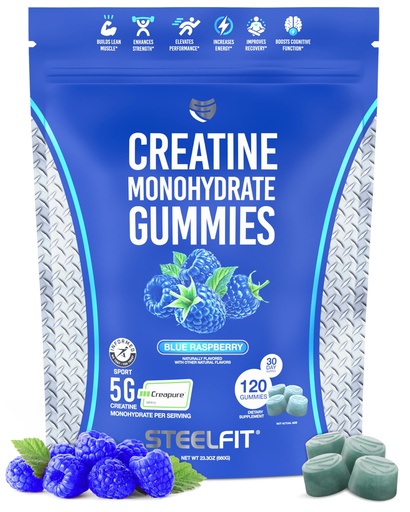 [BRSREHQLO4CQ4H3K] SteelFit Creapure Creatine Monohydrate Gummies for Men & Women, Blue Raspberry - Gym Workout Nutritional Supplements for Muscle Gain, Brain Health & Strength Building Dietary Supplement, 120 Gummies