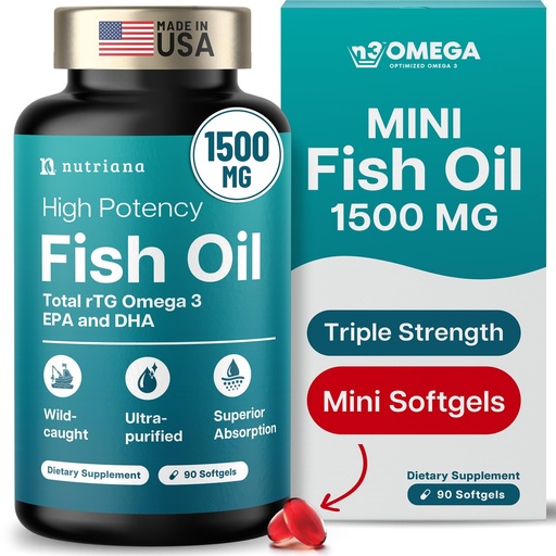 [BRSREYA5B4CQMELZ] Mini Fish Oil Softgels – Triple Strength – Advanced Formula - 1500mg Omega 3 with EPA & DHA – Smaller Than a Dime – Fish Oil Minis - Wild Caught – 90 Softgels