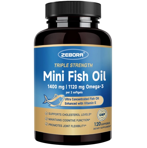 [BRSREYL3BUGRAYIY] ZEBORA Triple Strength Mini Omega-3 Fish Oil 1400mg – rTG Omega 3 Ultra High-Potency – Supports Heart, Brain, Eye, Skin & Immune Health – Fatty Acids EPA, DHA & DPA, 120 Softgels