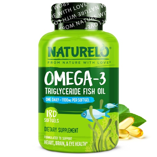 [BRSREZIEOAMA2AY7] NATURELO Burpless Omega 3 Fish Oil Supplement - 1100mg Triglyceride Omega-3, EPA + DHA, for Heart, Eye, Brain, Joint Health - 180 Softgels, 6 Months Supply