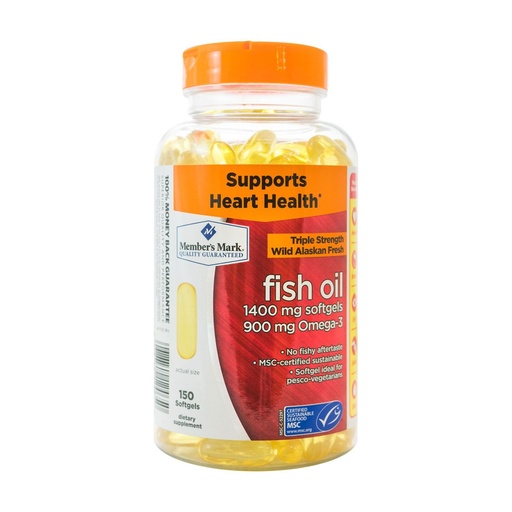[BRSWKY34CEIBKFT6] Member's Mark Enteric Triple Strength Fish Oil 1400mg Softgels 900mg Omega-3 DHA EPA (1 Bottle (150 softgels))