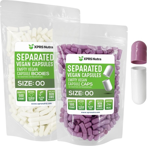 [BRSW2AIZOAFAI2TU] XPRS Nutra Vegan Size 00 Separated Capsules - 500 Count Premium Empty Capsules Separated in Bags - 00 Pills Empty for DIY Supplement Filling (Lavender/White)