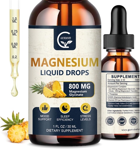 [BRSROCABCEOWMFDZ] (2 Pack) Magnesium Glycinate Liquid Drops | 1000mg Liquid Magnesium Complex with D3, L-Thea & GABA for Energy, Sleep, Nerve and Heart Health, High Absorption, Pineapple Flavor